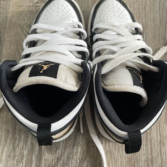 Nike Air Jordan 1 Mid Patent Black White Gold Boy Shoes - Size: 12C - Picture 9 of 9